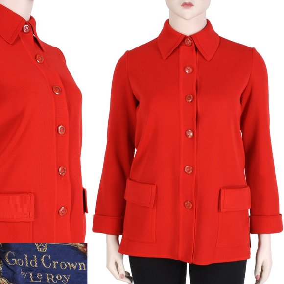 L XL Vintage 60s Gold Crown Le Roy Red Double Knit Simple Mod Cardigan w Pockets - Picture 1 of 9